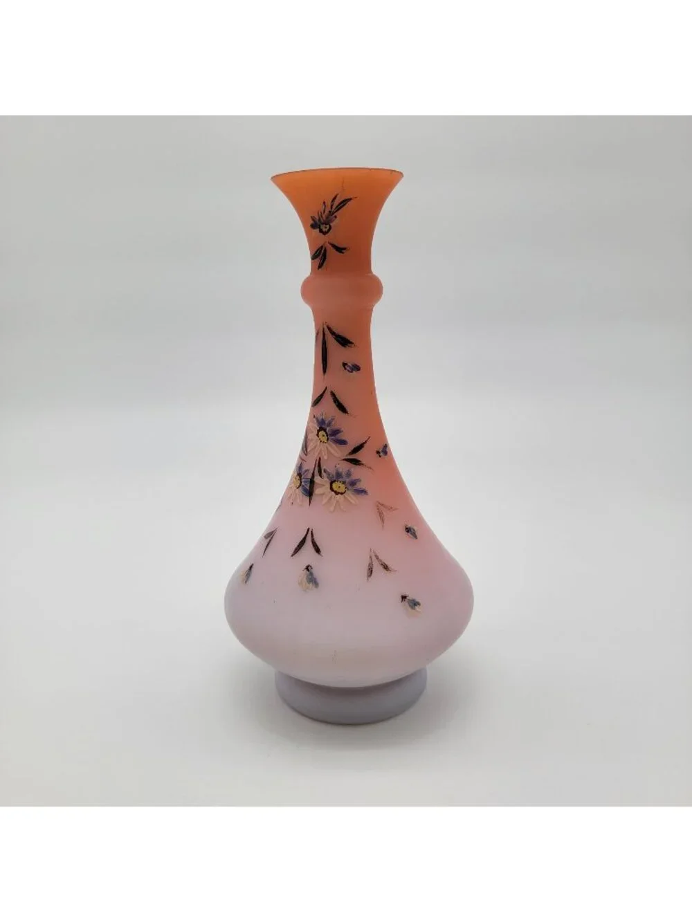 Antique Victorian Handpainted Peach Blow Satin Glass Vase With Floral Motif